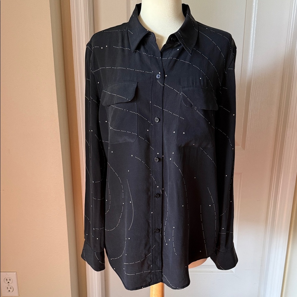Equipment Black White Star Print Shirt Silk Large Slim Signature